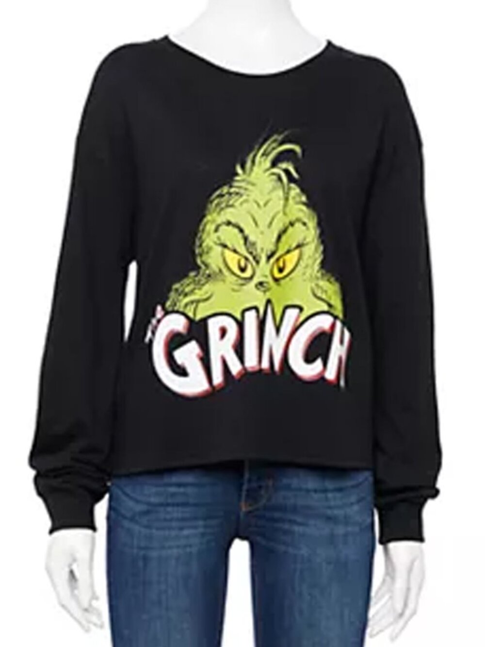 Glitter Grinch Face Black Long Sleeve Cropped Tee NWT Women Size XL